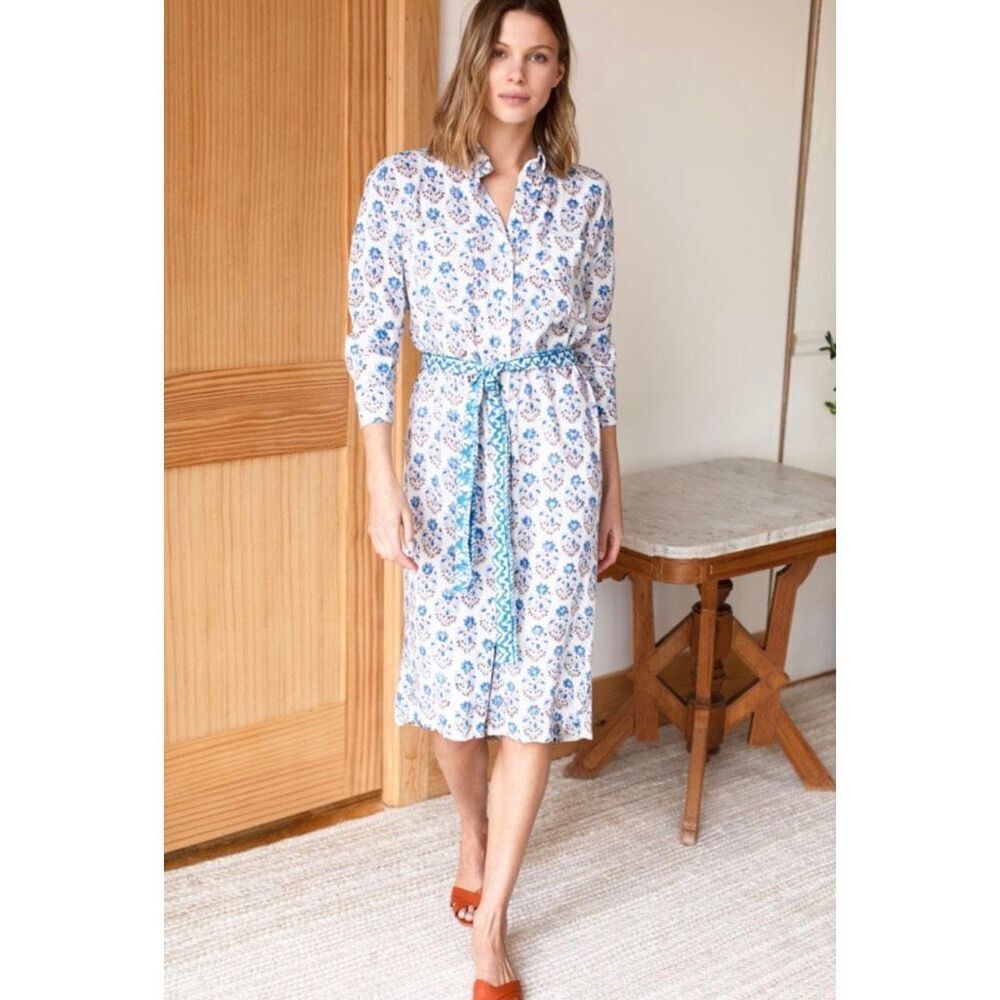 NWT Emerson Fry Ry Shirtdress Indienne Flowers Blue Floral Belted Midi Medium
